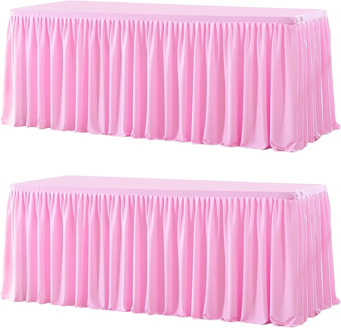 Wish Care 2 Pack Pink Rectangle Table Clothes for 4 Foot Tables, Polyester Fitted Tablecloths 4ft Stretch Table Cover for Wedding, Birthday, Parties, Trade Show, Craft Show