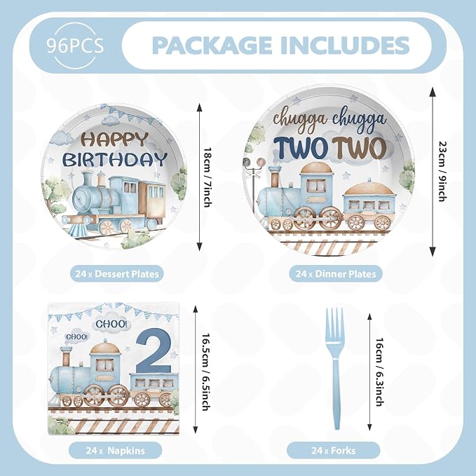 96Pcs Chugga Chugga Two Two Birthday Party Decorations Watercolor Train 2nd Paper Plates Retro Blue Disposable Choo Choo I'm 2 Tableware Set for 2 Year Old Birthday Party Supplies, Serves 24