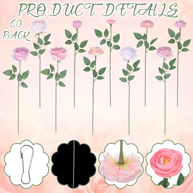 Lyrow 60 Pack Pink Roses Artificial Flowers Bulk Hanging Floating Garland Fake Pink Rose Vine for Ceiling Decoration Wedding Anniversary Bridal Bouquet DIY Floral Arrangement Proposal Romantic Decor