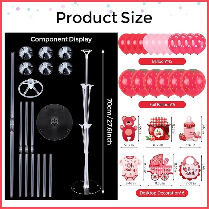6 Sets Strawberry Balloon Stand Kit for Table Strawberry Baby Shower Centerpieces with Balloon Sweet Strawberry Party Balloon Decorations for Girls Strawberry Birthday Themed Supplies