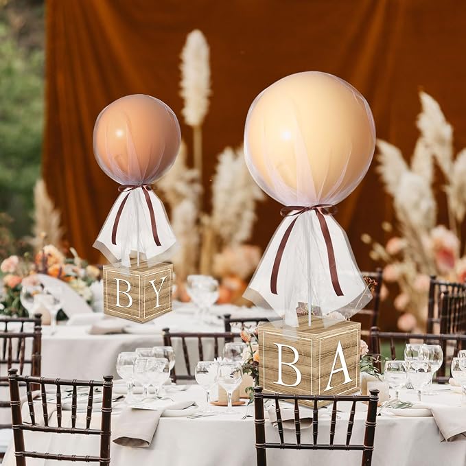 6 Set Brown Bear Tulle Tutu Balloon with Letter Boxes Baby Shower Table Centerpieces Decor for Gender Reveal 24'' Balloons White Tulle Cover with Stand, Boxes for Girl Boy Wedding Birthday Party