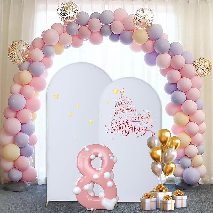 Gawicpy Wedding Arch Backdrop Stand Set Metal Arch Backdrop Stand with Wedding Arch Cover, Wedding Balloon Arch Backdrop Stand for Birthday, Baby Shower, Anniversary (White, 5.9FT+6.6FT+7.2FT)
