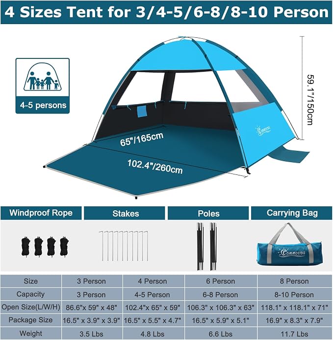 COMMOUDS Beach Tent Sun Shelter for 3/4/6/8 Person, UPF 50+ UV Protection Beach Shade Canopy Tent, Lightweight, Easy Set Up and Carry