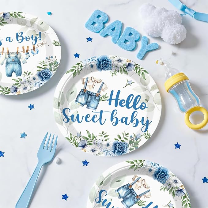 cocomigo 363PCS Blue Baby Boy Shower Decorations Tableware Set, 50 Serves Disposable Plates and Napkins Set, with Cake Topper, Centerpieces, Banner, Tablecloth, for Baby Boy Baby Shower Decorations