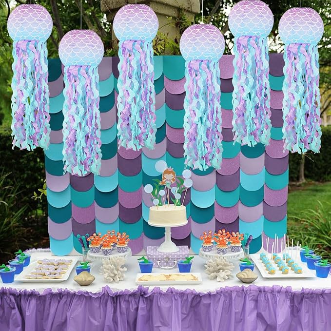 Mermaid Party Decorations, Jellyfish Paper Lanterns Mermaid Scales Hanging Lantern for Mermaid Birthday Party Baby Shower Under The Sea Ocean Decorations Pack of 8