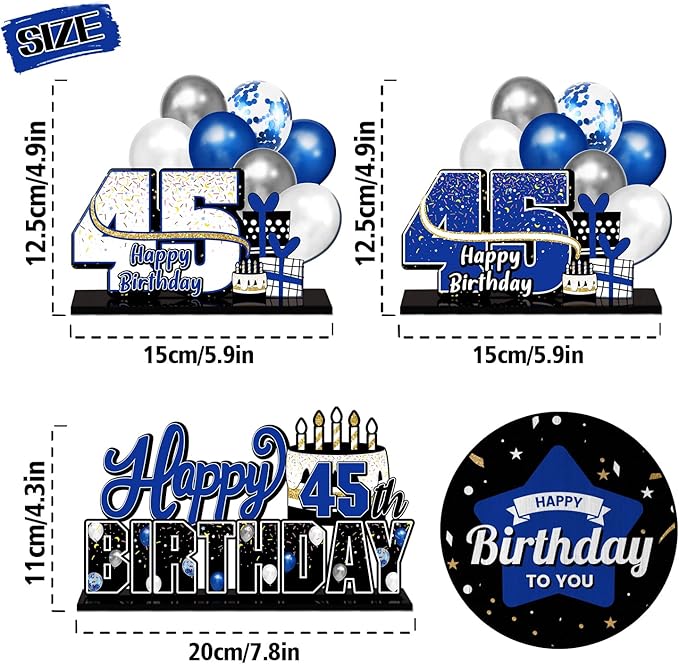 LINGTEER Happy 45th Birthday Blue Acrylic Table Topper Centerpieces Set - Cheers to 45 Years Old Birthday 45th Bday Party Gift Decorations.