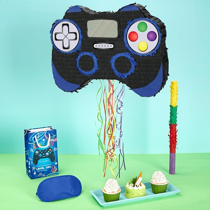 WERNNSAI Video Game Piñata - Game Controller Piñata Bundle with Blindfold and Bat for Boys Kids Piñata Gaming Theme Party Decoration Supplies Pull String Piñata for Birthday Party Celebration Blue