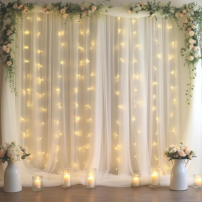 30x8ft White Tulle Backdrop Curtain with Lights String for Parites, Sheer Backdrop Curtains for Wedding Baby Shower Birthday Party Photo Shoot Decorations