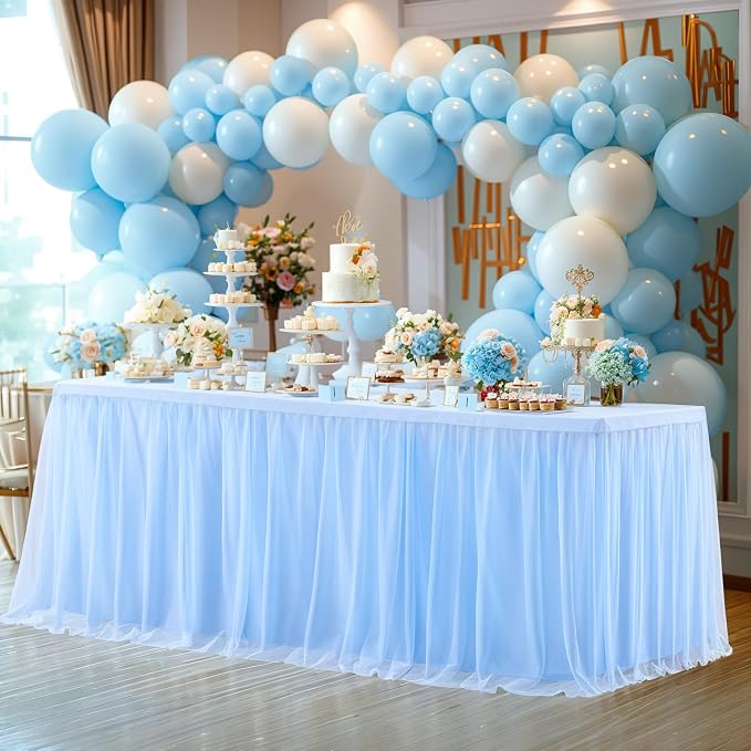 Baby Blue Table Cloth for 6 Foot Rectangle Tables, Stretch Fitted Tulle Table Covers Skirt, Rectangular Ruffle Tutu Tablecloth Wedding Baby Shower Baby Shower Cake Tablecloths Decorations