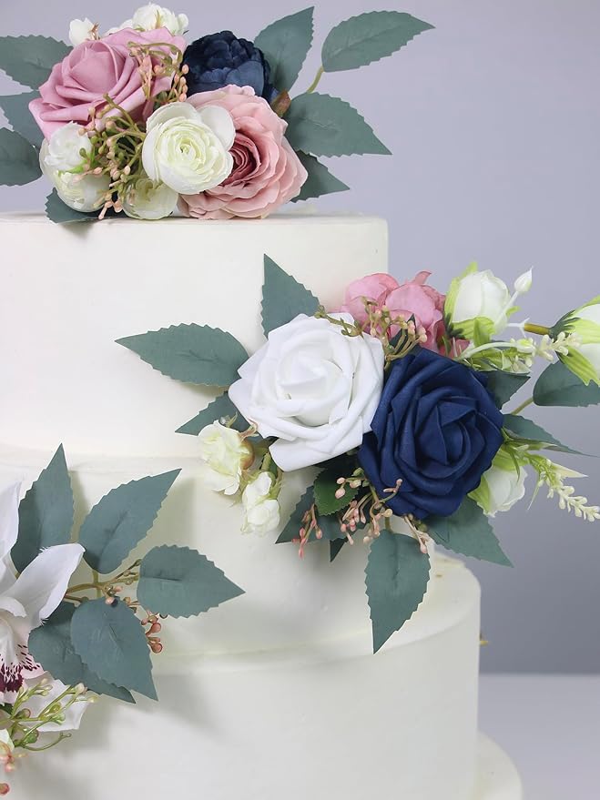 Rinlong 3Pcs Pre-made Cake Flowers Navy Blue Pink Cake Decorations Wedding Cake Decorating Flowers Decor Birthday Baptism Party Artificial Flowers Cake Toppers