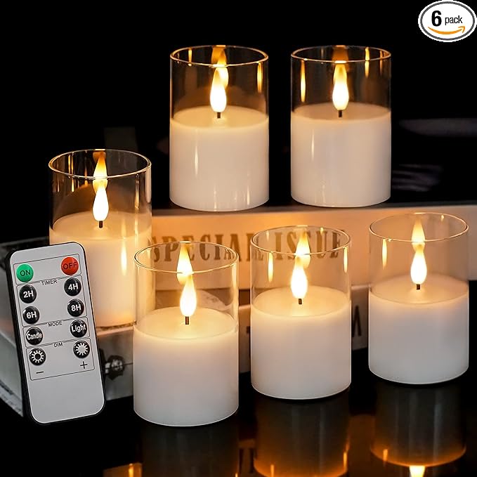 VIODAIM 6Pack Glass Flickering Flameless Candles with Remote, 2"X3" Real Wax Votive Candles Battery Operated, Small Electric LED Candles for Wedding Home Decor, w/4 Timers+2 Lighting Modes [Clear]