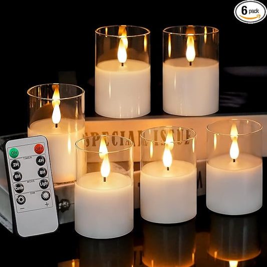 VIODAIM 6Pack Glass Flickering Flameless Candles with Remote, 2"X3" Real Wax Votive Candles Battery Operated, Small Electric LED Candles for Wedding Home Decor, w/4 Timers+2 Lighting Modes [Clear]