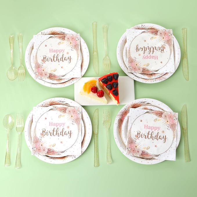 Boho Birthday Decorations for Women, Neutral Birthday Plates and Napkins Party Supplies 168Pcs, Happy Birthday Plates and Napkins Set for Boho Floral Champagne Cream Beige Party, Serve 24