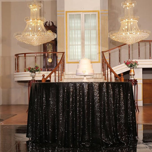 PartyDelight Sequin Tablecloth Black Round 70" Shimmer Table Cloths Sparkle Glitter Decorations