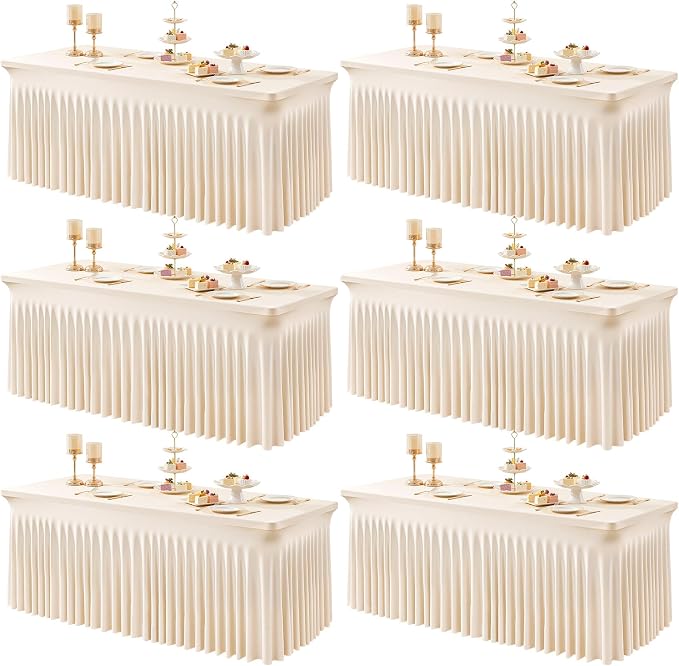 6 Packs Light Champagne Table Clothes for 8 Foot Rectangle Tables, One-Piece Wrinkle Resistant Stretch Spandex Table Covers with Skirt for Event Banquet Wedding Birthday Party