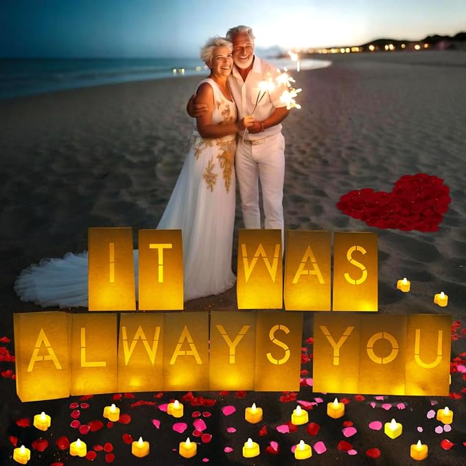 Valentines Day Decorations - It was Always You Light Up Letters Luminary Bags, Romantic Decorations Special Night with Bright LED Candles and Fake Rose Petals, Engagement Party & Proposal Decor kit