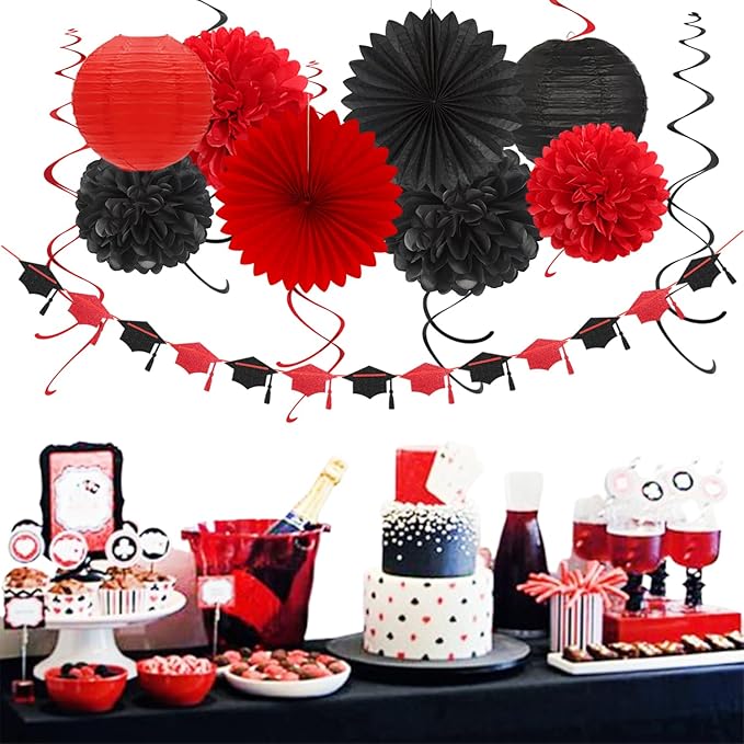 Black Red Graduation Party-Decorations Garland - 36pcs Congrats Grad Class 2026 Banner,Hat Hanging Streamer,College High School Congratulations Master Celebration Classroom Backdrop Decor Burgleda