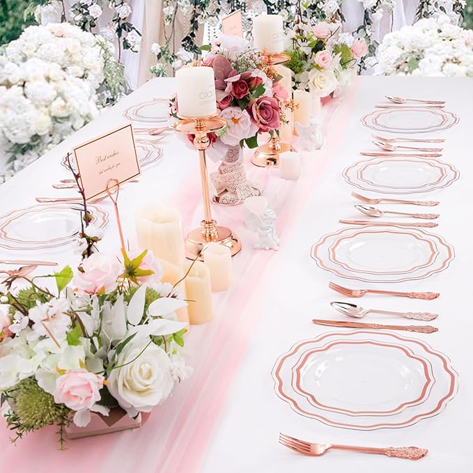 NOCCUR 150PCS Rose Gold Plastic Plates&Rose Gold Silverware-Include 30Dinner Plates, 30Salad plates, 90 Disposable Rose Gold Utensils- Ideal for Weddings/Party/Mother's Day