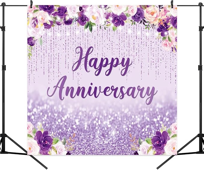 10x10ft Happy Anniversary Backdrop, Floral Glitter Backdrop for Women Wedding Anniversary Decoration Violet and Pink Flowers Photography Background Cake Table Banner Party Decor