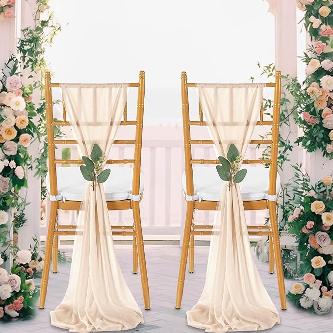 QueenDream Champagne Chair Sashes Wedding Chair Decorations: 50 Packs 8ft Sheer Bows Designed ChairSashes for Baby Shower Banquet Hotel ChairsDecor