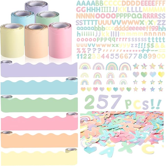 Kosiz Pastel Bulletin Board Decoration Set 118 ft Scalloped Bulletin Board Borders Classroom Poster Border Trim with 257 Pcs Letter Number Symbol Cutout for School Decor