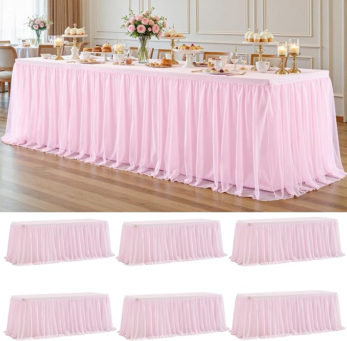 6 Pack Pink Tablecloths for 8 Foot Rectangle Tables with Tulle Table Skirt Wedding Table Cover Stretchy Fitted Ruffle Tutu Tablecloth for Baby Shower Reception Birthday Parties Celebration Banquet