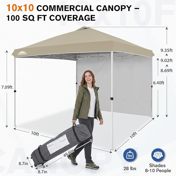 EAGLE PEAK Commercial Canopy 10x10 Pop Up Canopy Tent with 1 Sidewall, Easy Setup Heavy Duty Instant Event Shelter for Vendors & Markets, Outdoor Sun Shade, Light Beige