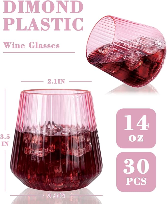 Ciaell 30 Pack Pink Plastic Ribbed Wine Glasses, 12 OZ Origami Stemless Disposable Wine Champagne Whiskey Glasses Unbreakable Clear Plastic Cocktail Glasses, Wine Cups for Party Wedding