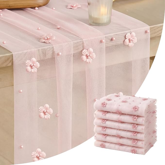 Artoid Mode Pink Flower Pearl Pink Gauze Table Runner 10FT 6PC, Seasonal Sheer Dining Holiday Wedding Birthday Baby Shower Table Decor for Home Party