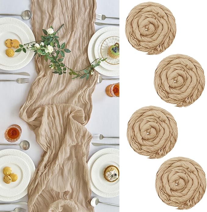 IVAPUPU 4 Pcs Cheesecloth Table Runner - 10ft Nude Spring Boho Gauze Cheese Cloth Table Runners for Baby Shower Decoration Wedding Party Garden Farmhouse