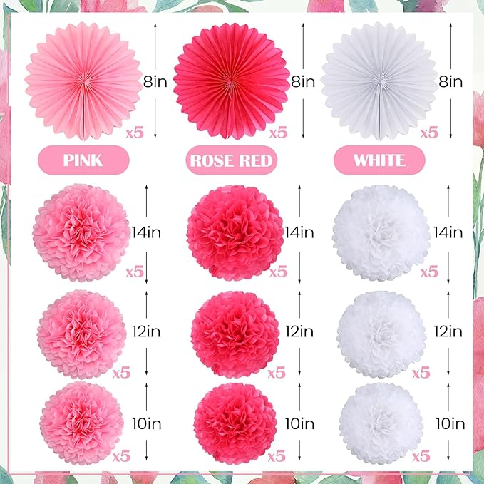 Janinka 60 Pcs Pink Party Decorations- Tissue Paper Pom Poms and Fans Ceiling Decorations Tissue Flowers for Birthday, Baby Shower, Bachelorette Bridal Wedding Supplies