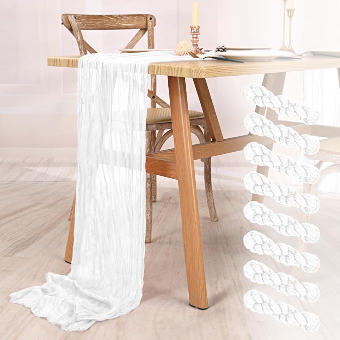 8 Pack White Cheesecloth Table Runner 10FT Boho Gauze Cheese Cloth Table Runner Rustic Sheer Fabric Table Runners for Wedding Bridal Shower Baby Shower Party(21.5×120 Inch)
