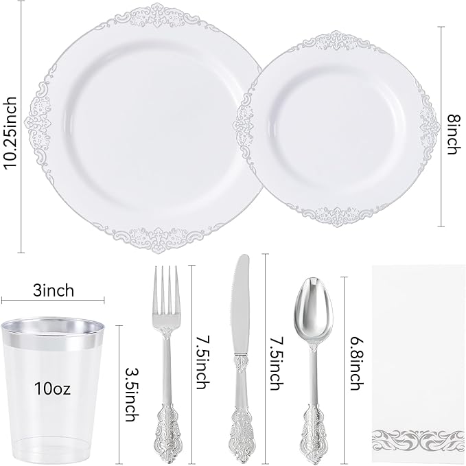 Fijinhom 350pcs Silver Plastic Plates, Elegant Disposable Dinnerware Set, 125 Pieces, White and Gold, Plates, Cups, Cutlery and Napkins (Silver, 50 Guests)