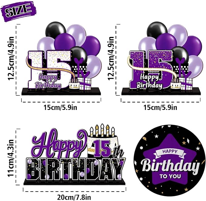 LINGTEER Happy 15th Birthday Purple Acrylic Table Topper Centerpieces Set - Cheers to Fifteen Years Old Birthday 15th Bday Party Gift Decorations.