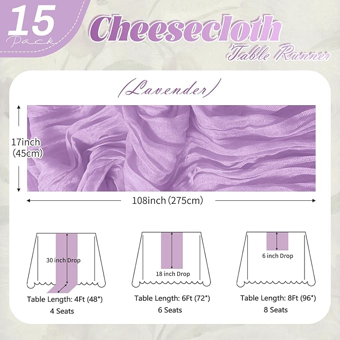 15 Pack Lavender Cheesecloth Table Runner 17 x 108 inch Cheese Cloth Table Runners 9ft Lavender Table Runner Rustic Romantic Sheer Gauze Runner for Wedding Party Baby Shower Table Decoration