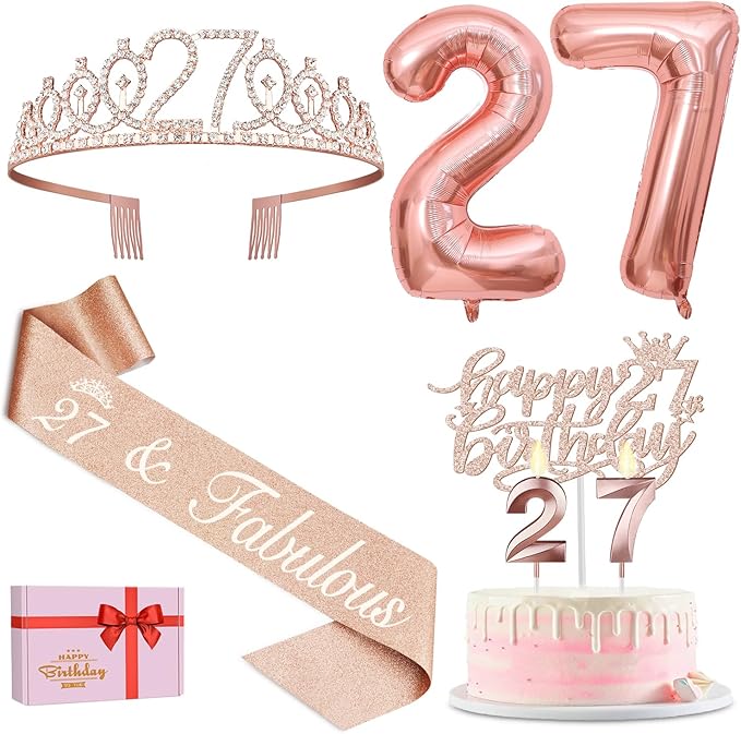 27th Birthday Decorations for Women, Include 27th Birthday Sash and Tiara, Cake Topper and Candles, Number Balloons, 27 Year Old Gifts for Women