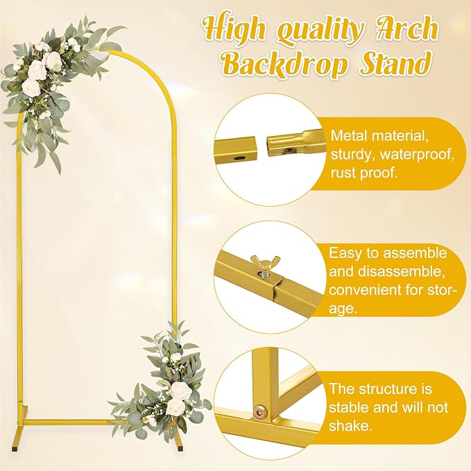 Metal Arch Stand and Cover Set,1 Fushia Spandex Fitted Backdrop with 1 Gold Wedding Arched Stand Frame for Parties Birthday Baby Shower Bridal Banquet Decoration (6.6FT)