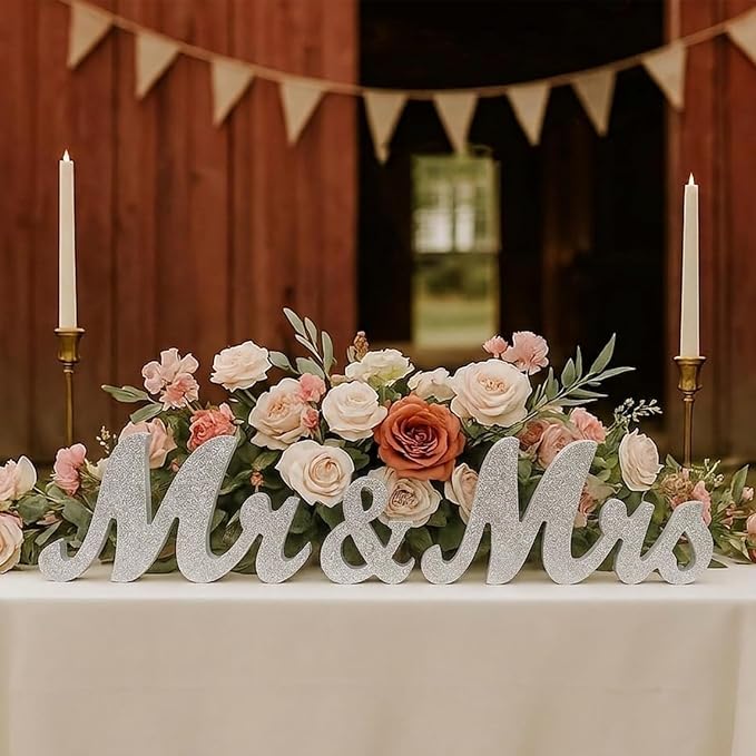 Mr & Mrs Sign for Wedding Table, Wedding Decorations for Reception, Large Wooden Letters Centerpieces Decor for Sweetheart Table, Ceremony, Anniversary, Party and Valentine's Day(Silver)