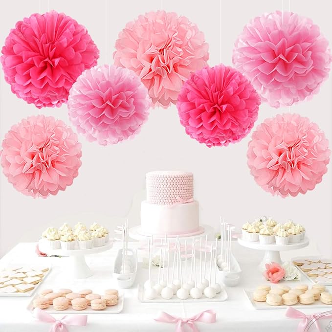 Hot Pink Paper Flowers Tissue Pom Poms Honeycomb Lanterns 15pcs Party Decorations for Birthday Bachelorette Women Girls Night Baby Shower Bridal Wedding Valentine Hanging Supplies Mprocherify