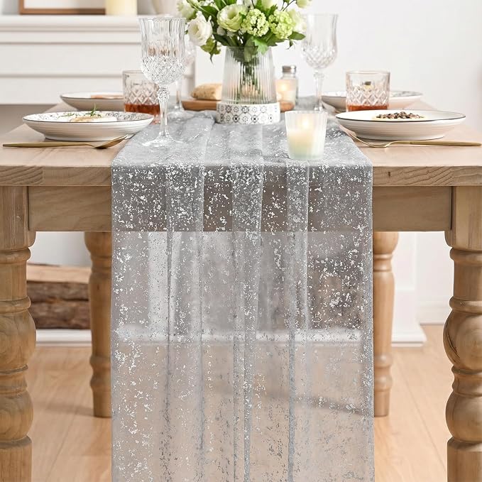 Artoid Mode 3PC Grey Gold Gauze Table Runner 120 Inch 10FT, Glitter Metallic Foil Sheer Dining Wedding Anniversary Holiday Birthday Table Decor for Home Party