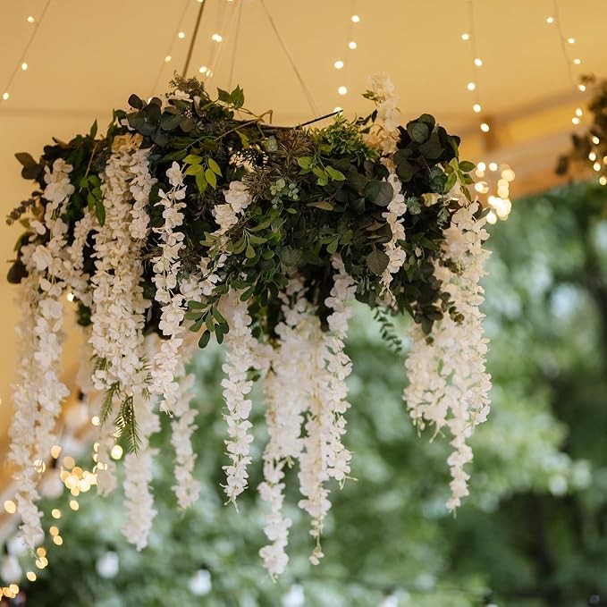 100 Pack White Wisteria Hanging Flowers,Fake Hanging Wisteria Flowers Garland for Decoration (3.6 Ft/Pcs)