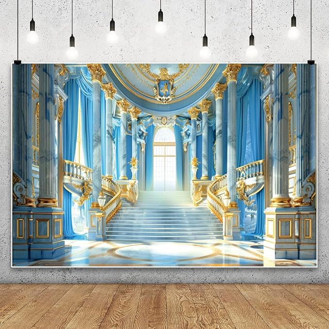 Laeacco 12x10ft Blue Gold Palace Interior Backdrop Sky Blue and Golden Staircase Columns Luxurious Castle Hall Photography Background for Birthday Wedding Bridal Baby Shower Party Photo Booth Props
