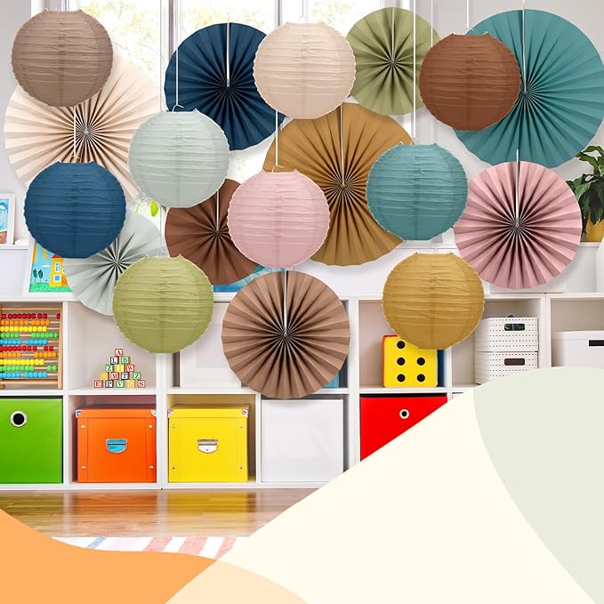 Wavwavw 18 Pcs Boho Hanging Paper Lanterns and Paper Fans Decor Back to School Party Decorations Round Boho Garlands Bulletin Board Decor for Classrooms Office Ceilings Wall Birthday Party Supplies