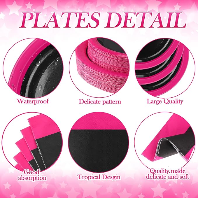 Funnymoom 452 Pcs Hot Pink and Black Party Supplies Serves 50 Guest, Pink and Black Paper Plates Cups Napkins Tablecloth Cutlery Straw Tableware Set for Birthday Wedding Bachelorette Party Decoration