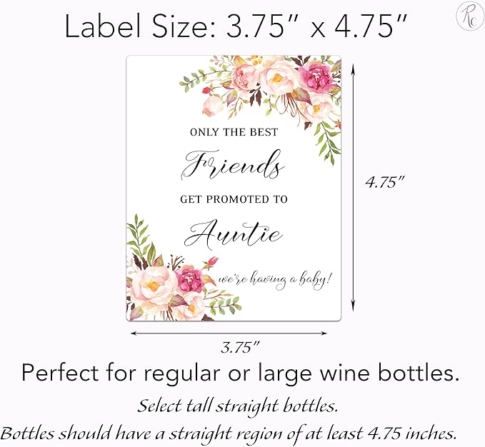 FAMILY & FRIENDS Pregnancy Announcement Wine Labels ● SET of 6 ● 2 Best SISTERS + 4 Best FRIENDS Get Promoted to AUNTIE Label, Baby Reveal Card alternative, Waterproof (Floral)