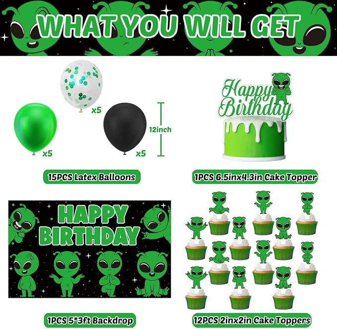Alien Birthday Party Decorations, Alien Party Supplies Set Including Green Glitter Banner, Hanging Swirls, Latex Balloons, Cake Toppers and Backdrop for Kids Boys Girls Theme Party Decorations