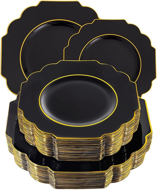 Supernal 60pcs Black Plastic Plates with Gold Rim, Baroque Black and Gold Plastic Plates, Include 30 Dinner Plate, 30 Appetizer Plate, Suit for Party, Birthday, Wedding, Halloween