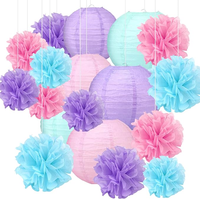 18pcs Blue Paper Lanterns Decoration Purple Blue White Hanging Décor Pom Poms Paper Flower Party Supply for Baby Shower Wedding Valentine Birthday Party