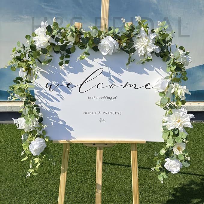 Artificial Flower Garland，6.5Ft Fake Dahlia Rose Flowers Garland Floral Eucalyptus Greenery Vine for Wedding Arch，Table Runner Centerpieces Backdrop Room Wall Hanging Plant Decor（White）