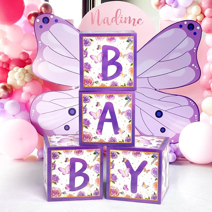 Voircoloria Baby Boxes with Letters and Butterfly Balloons for Gender Reveal Decoration (Purple)